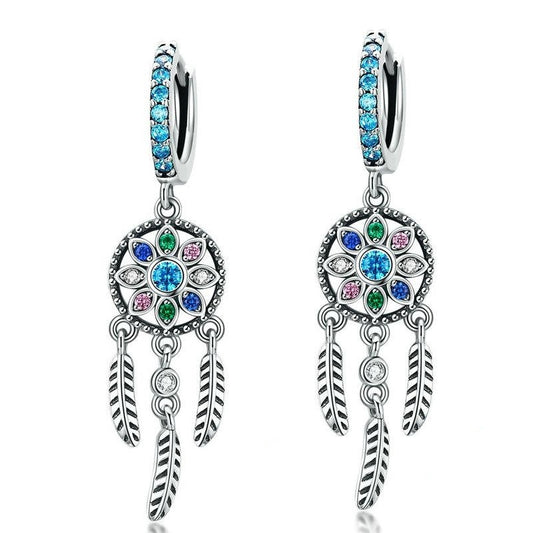 925 Sterling Silver Bohemia Dream Catcher Hanging Drop Earrings