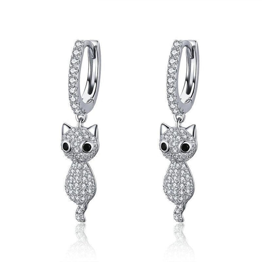 925 Sterling Silver Cute Cat Pussy Dazzling Cubic Zircon Drop Earrings