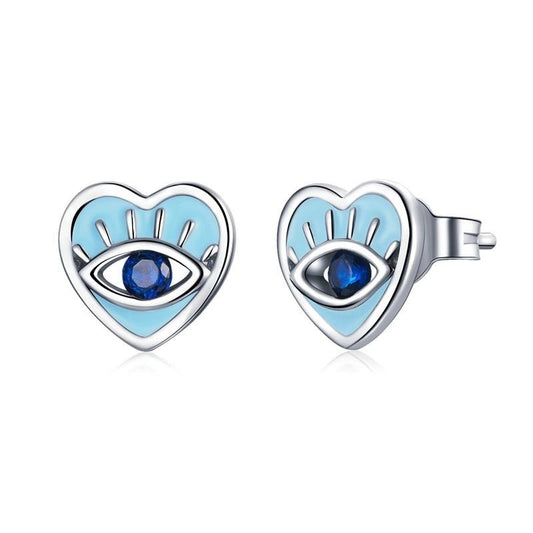 925 Sterling Silver Devil Eye Blue Zircon Heart Shape Earrings