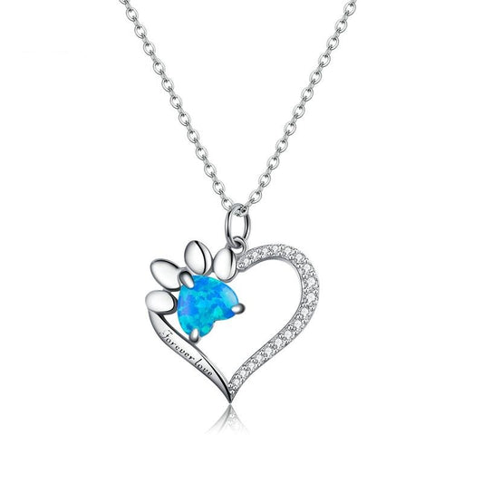 925 Sterling Silver Heart Trace Blue Paw Dazzling Necklace