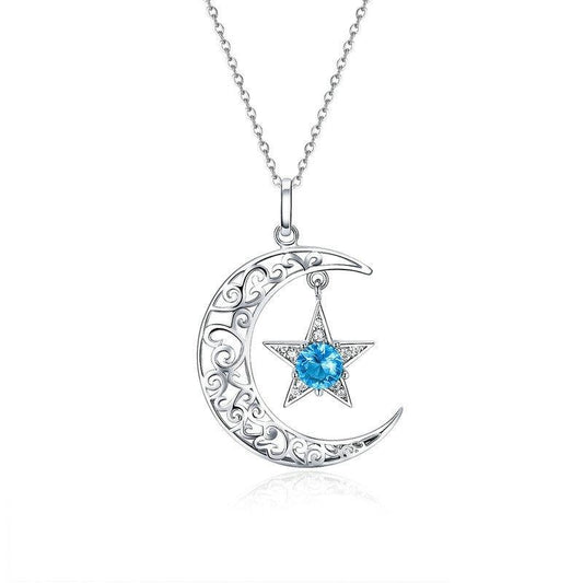 925 Sterling Silver Sparkling Moon And Star Necklace