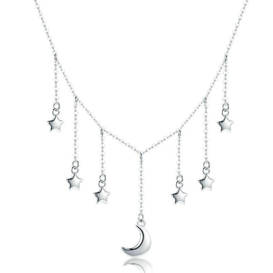 925 Sterling Silver Star Chain Sparkling Moon Starry Necklace