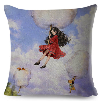 Colorful Cute Cartoon Girl and Pet Dog Fairy Tale World Pillowcase Cushion Cover