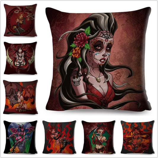 Mexico Death Day Style Cushion Cover Decor Colorful Cartoon Skull Sexy Girl Pillow Case