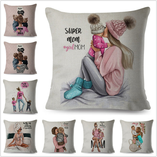 Cartoon Super Mama Cushion Cover Decorative Mom and Baby Pillow Case