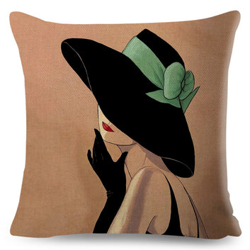 Vintage Style European Hat Women Cushion Cover Decor Elegant Lady Print Pillow Case