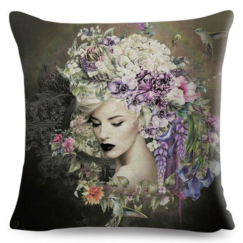 Vintage Style Cartoon Flower Girl Art Pillow Case Decor Elegant Woman Cushion Cover