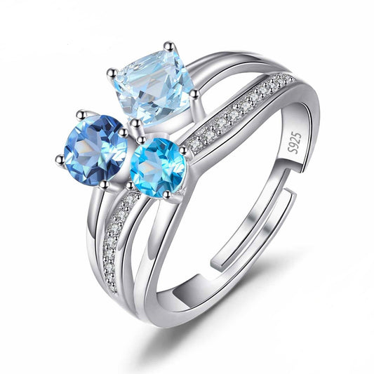 Genuine Gemstone Blue Topaz White Topaz 3 Stone 925 Sterling Silver Ring