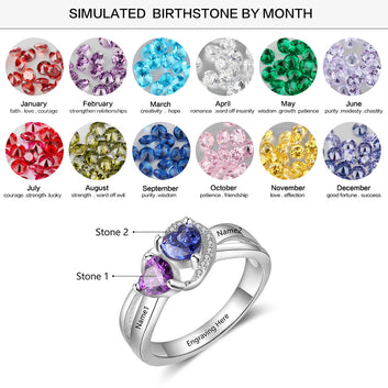 Personalized 925 Sterling Silver Heart Birthstone Custom Engraved Name Ring