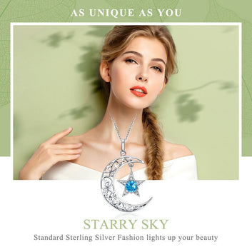 925 Sterling Silver Sparkling Moon And Star Necklace