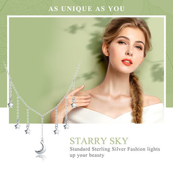 925 Sterling Silver Star Chain Sparkling Moon Starry Necklace