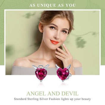 925 Sterling Silver Angel And Devil Pink Heart Stud Earrings