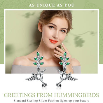 925 Sterling Silver Hummingbirds Greetings Bird Stud Earrings